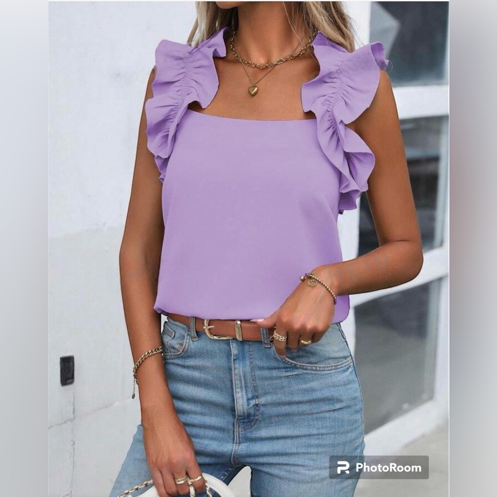 Ruffle top puffed sleeves tank shirt blouse T purple lilac S 4 silk Easter satin